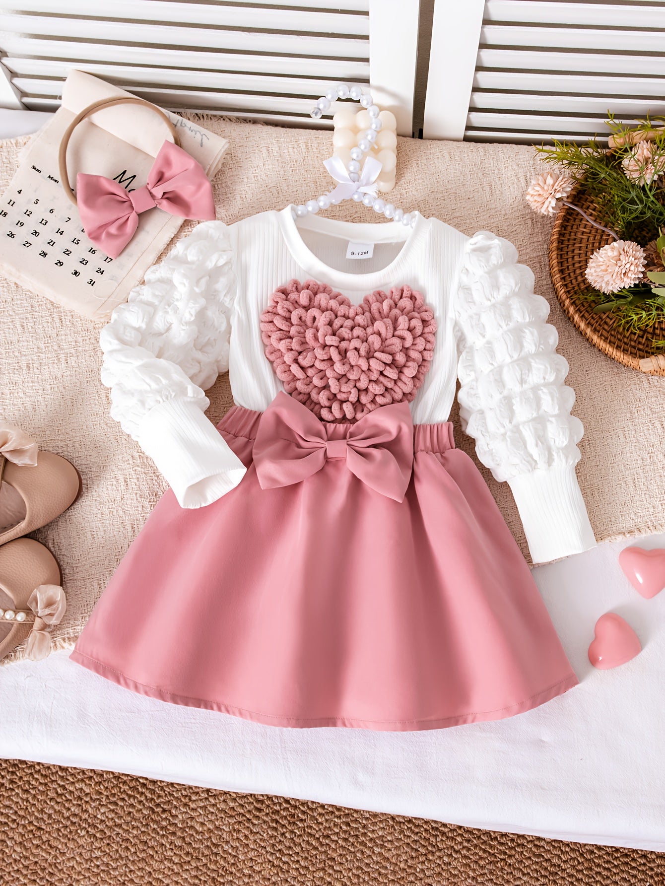 Baby Girl Fall Winter Heart Print Long Sleeve Dress with Bow