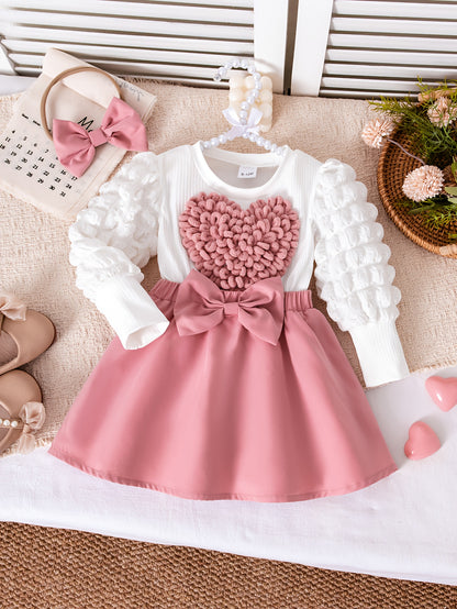 Baby Girl Fall Winter Heart Print Long Sleeve Dress with Bow