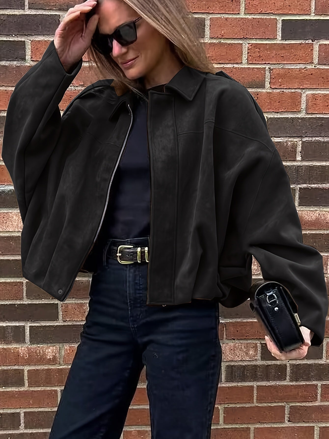 Women'S Vintage Bomber Jacket - Loose Fit Long Sleeve Zip-Up with Drop Shoulder Design, Brown Casual Outerwear for Fall/Winter, Non-Stretch Fabric, Perfect for Casual Attire, Autumn Winter Jacket | Vintage Bomber Style | Zipp