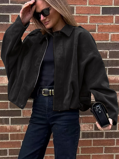 Women'S Vintage Bomber Jacket - Loose Fit Long Sleeve Zip-Up with Drop Shoulder Design, Brown Casual Outerwear for Fall/Winter, Non-Stretch Fabric, Perfect for Casual Attire, Autumn Winter Jacket | Vintage Bomber Style | Zipp