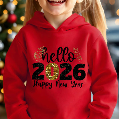 Girls' 2026 New Year'S Hooded Sweatshirt - Hello 2026 Happy New Year Lettering, Mint Green with Golden Glitter Accent, Cozy Fleece Pullover for Christmas & New Year, Winter Casual Wear, Christmas Sweatshirt, Festive Clothing,