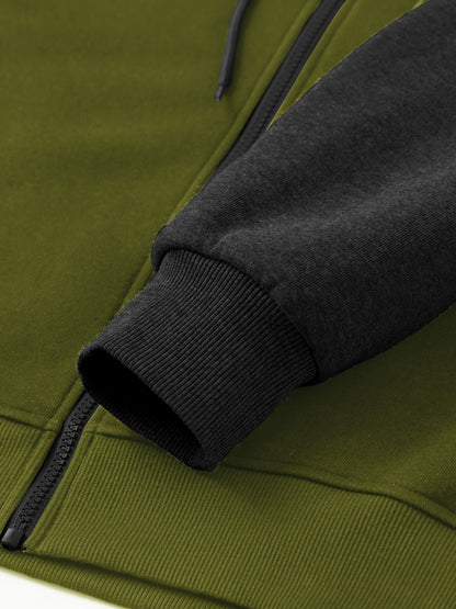 Men'S Casual Sports Hoodie Two-Piece Set with a Color-Blocked Design, Featuring a Zip And Drawstring Waist, Suitable for Jogging in All Seasons