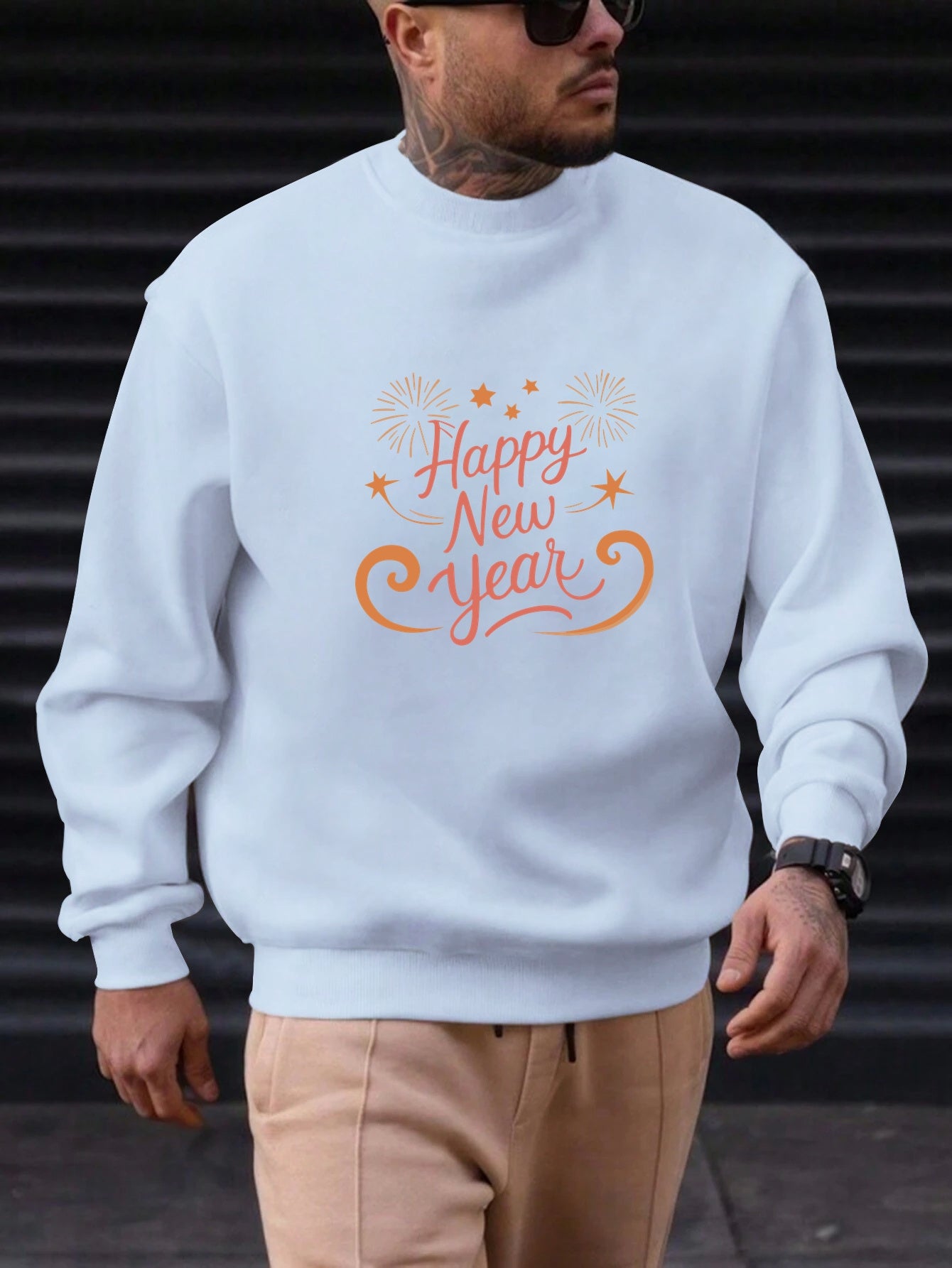 Men'S Happy New Year Sweatshirt - Light Grey with Orange Lettering - Regular Fit Crewneck Pullover for New Year'S Eve, NYE Parties & Casual Attire - Non-Permanent Celebration Sweater for Everyday & Special Occasions, New Year