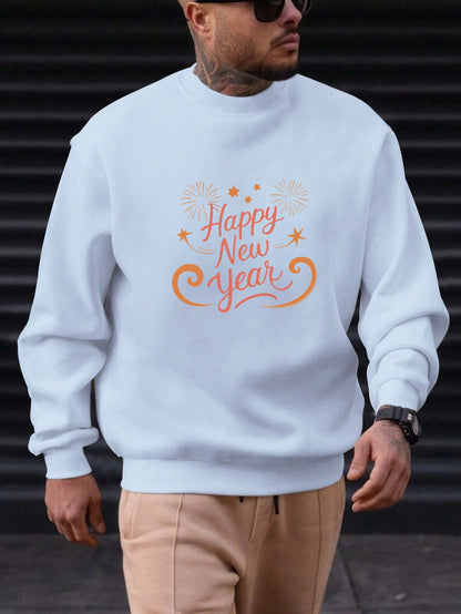 Men'S Happy New Year Sweatshirt - Light Grey with Orange Lettering - Regular Fit Crewneck Pullover for New Year'S Eve, NYE Parties & Casual Attire - Non-Permanent Celebration Sweater for Everyday & Special Occasions, New Year