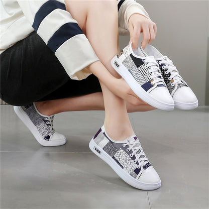 Women'S Lightweight Breathable Casual Sneakers - Comfortable Low-Top Lace-Up Shoes with Soft Fabric Lining, Durable Rubber Sole  Stylish White  Navy Blue Design for Spring/Summer Casual Attire, Ladies Sneakers, Everyday Foo