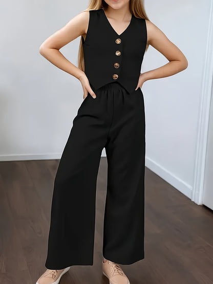 Girls' Summer Sleeveless Vest & Wide Leg Pants Set