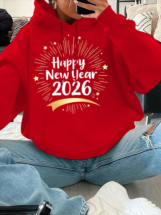 Women'S Pink "Happy New Year 51.46meter Print Hoodie - Cozy Casual Pullover with Golden Glittery Lettering, Long Sleeves, and Drawstring Hood, Perfect for Winter Celebrations, Winter Hoodie | Festive Print Hoodie | Stretchy F