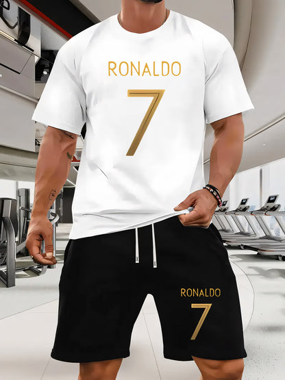 Ronaldo 7 Print Men'S Short Sleeve T-Shirt and Waistband Shorts 2pcs Casual Sports Regular Top & Bottom Set, Suitable for Spring/Summer