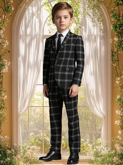 Boys' Plaid Two-Piece Suit Regular Fit Business Casual