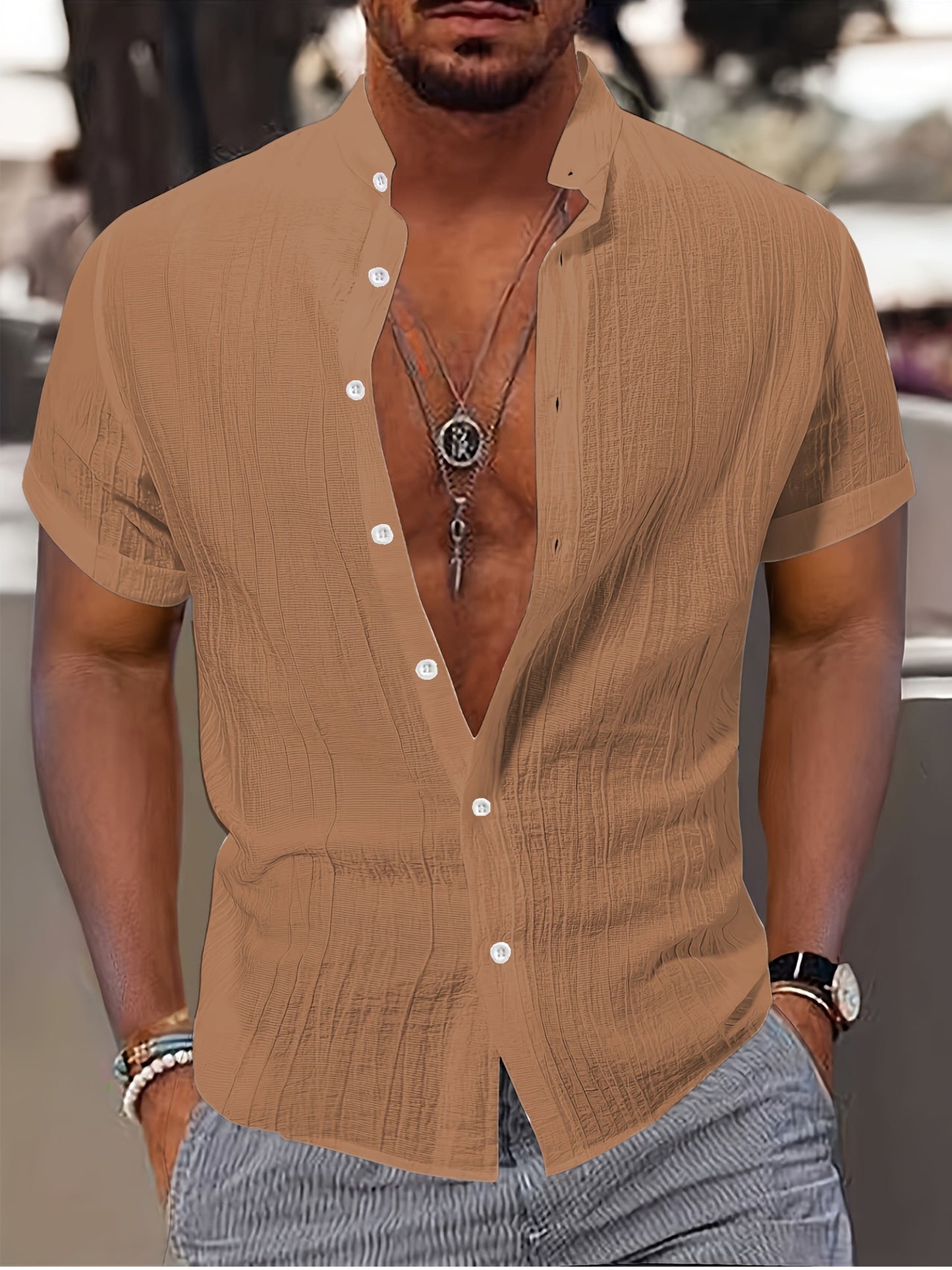 Men's Breathable Solid Color Stand Collar Short-Sleeve Shirt