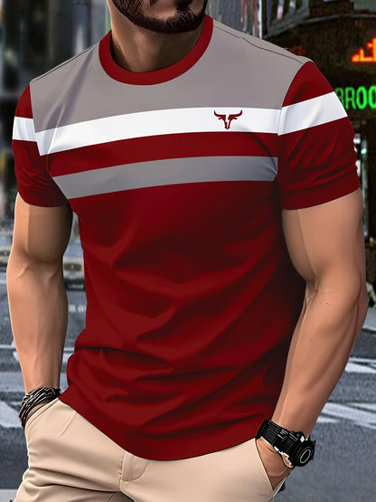 Men'S 3D Digital Print Short Sleeve T-Shirt - Vibrant Color Block Stripes  Bull Head Logo, Breathable Lightweight Fabric, Regular Fit All-Season Casual Top, Durable Urban Style Tee, Versatile Clothing, Modern Fashion, Comfor