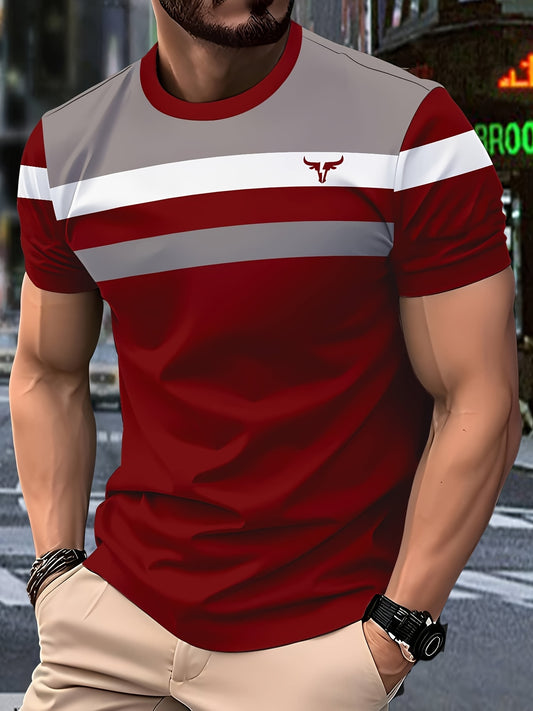 Men'S 3D Digital Print Short Sleeve T-Shirt - Vibrant Color Block Stripes  Bull Head Logo, Breathable Lightweight Fabric, Regular Fit All-Season Casual Top, Durable Urban Style Tee, Versatile Clothing, Modern Fashion, Comfor