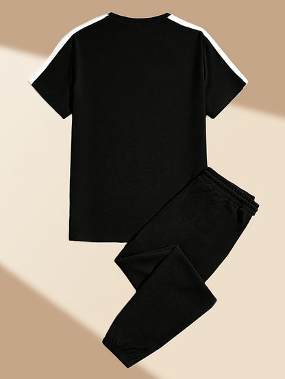 Men's Summer Casual Sportswear Set: Round Neck T-Shirt and Drawstring Pants, Fashionable Spliced Jacquard Breathable Quick-Dry Top and Bottom Outfit