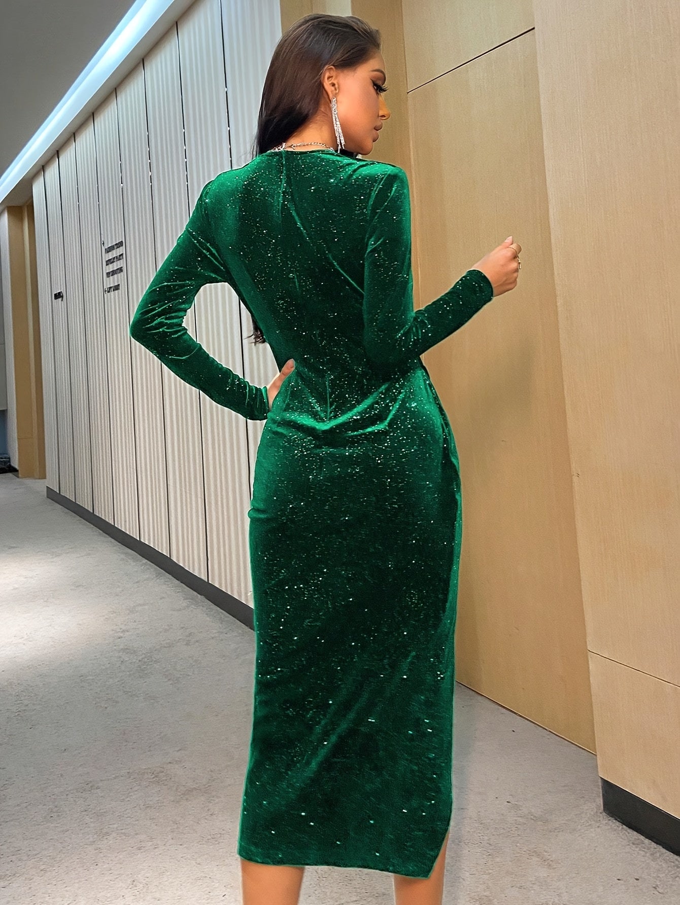 Autumn Dress, Winter Clothing, Christmas and Halloween Elegant Wedding Gown with Silvery-Embellished Deep V-Neck and High Slit Bodycon Evening Dress for Women