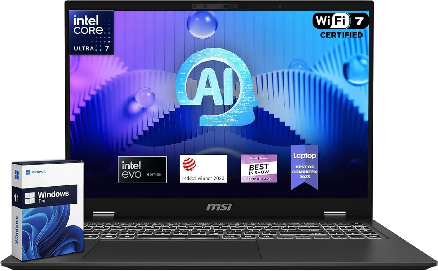 MSI Prestige 16 AI EVO Laptop, Ultra Thin Business Laptop, Intel Ultra 7-155 H, 16" QHD+, 32 GB LPDDR5 RAM, 2 TB SSD, Wi-Fi 7, AI Engine, Windows 11 Pro & MS Office Lifetime License
