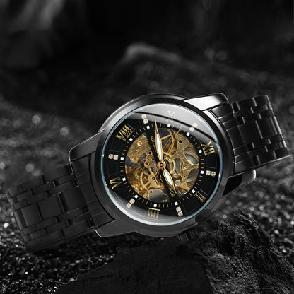 1pc Fashion Luxury Golden Skeleton Automatic Mechanical Watch for Men Luminous Hands Top Brand Stainless Steel Strap Business Casual Mens Watches Festival Birthday Gifts, TWINNER