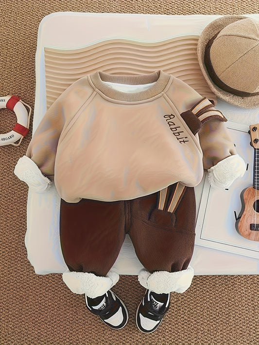 Baby Boys' Winter Warmth Fleece-Lined Sweatshirt & Pants Set - Soft & Brown Round Neck Outfit with Cuffs, Machine Washable Toddler Clothes for Autumn/Winter, Cozy Casual Playwear for Cold Weather, for Outdoor, Thick