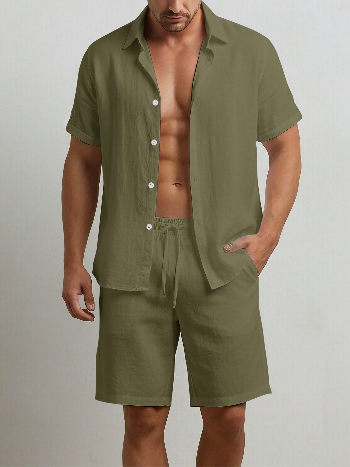 Men's Summer Cotton Shirt and Shorts Set - Casual Outdoor Wear