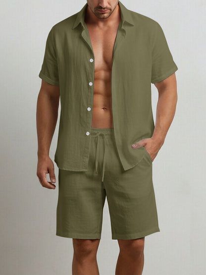 Men's Summer Cotton Shirt and Shorts Set - Casual Outdoor Wear