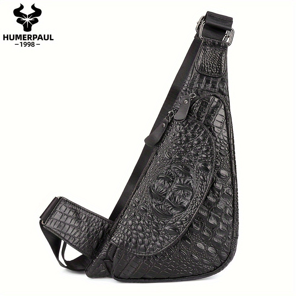 HUMERPAUL Men'S Casual Brown Leather Crossbody Bag with Alligator Print - Adjustable Strap, Multi-Compartment, Everyday Commute Shoulder Bag, Everyday Bag   Casual Style Bag   Adjustable Strap Bag
