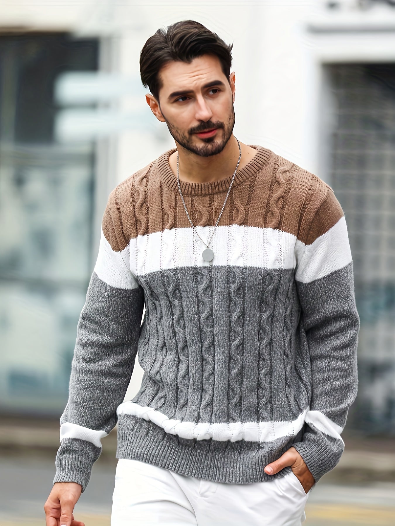 Men's Color-blocked Tweed Knitted Sweater, Round-neck Long-sleeved Knitted Color-blocked Light Gray for Business and Casual Outings