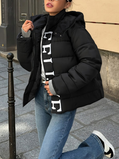 Women's Casual Hooded Jacket with Bold Letter Print, Relaxed Fit Winter Windproof Coat, 100% Polyester Zipper Pockets Mid-Length Outdoor Jacket, Machine Washable Cold Weather Clothing - Perfect Gift for Her