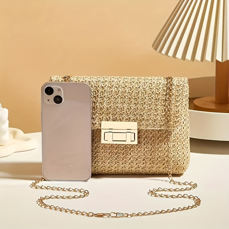 Crossbody Bag for Women Chain Strap Summer Beach Straw Flap Handbag Stylish Accessory Shoulder Bag for Day-to-Night Outfits