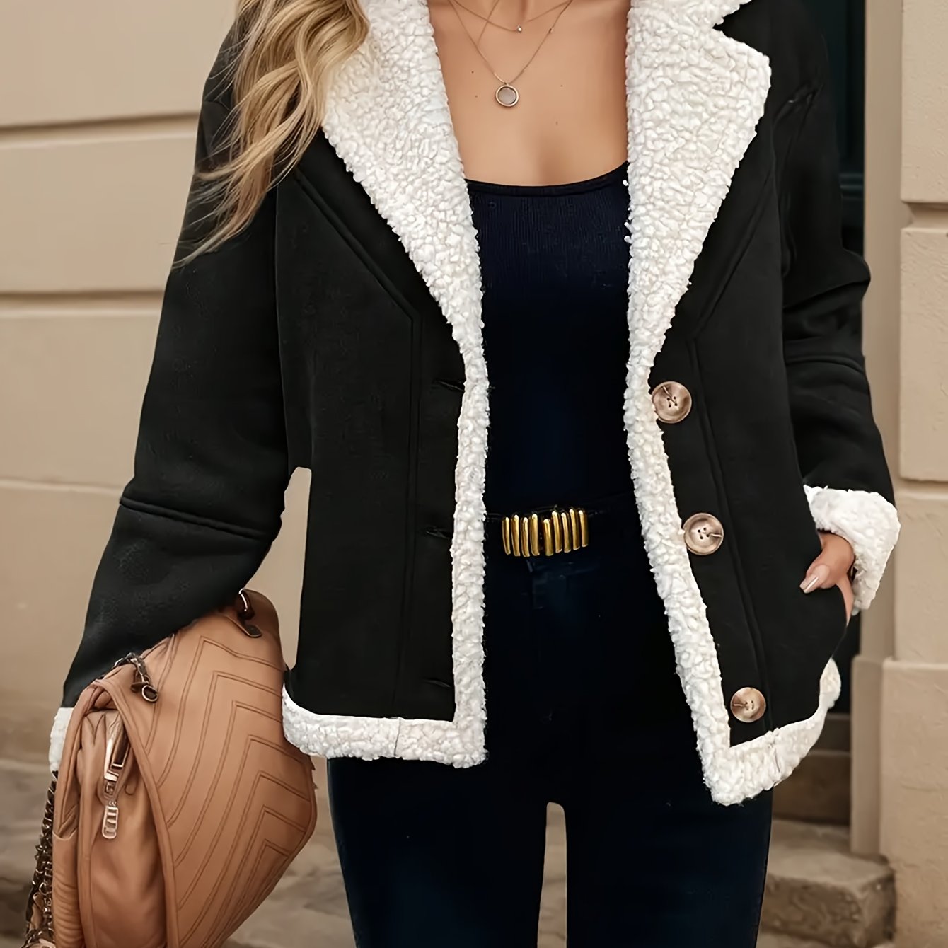 Black Button-Front Jacket, Soft Teddy Texture, Machine Washable Warm Coat for Casual and Formal Occasions, Stylish Design with Elegant Cut, Fleece-Lined Plush Fabric, Office Attire, Classic Look, Trendy Winter Wear