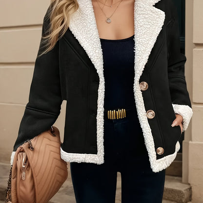 Black Button-Front Jacket, Soft Teddy Texture, Machine Washable Warm Coat for Casual and Formal Occasions, Stylish Design with Elegant Cut, Fleece-Lined Plush Fabric, Office Attire, Classic Look, Trendy Winter Wear
