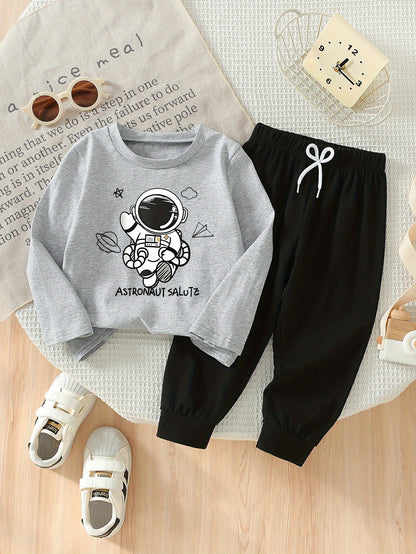 Boys' Space-Themed Cotton Tee & Jogger Set for Spring/Fall