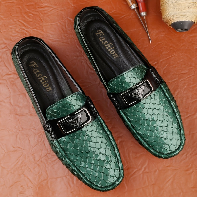 Men's Trendy Faux Snake Skin Loafers with Metal Buckle, Soft Sole