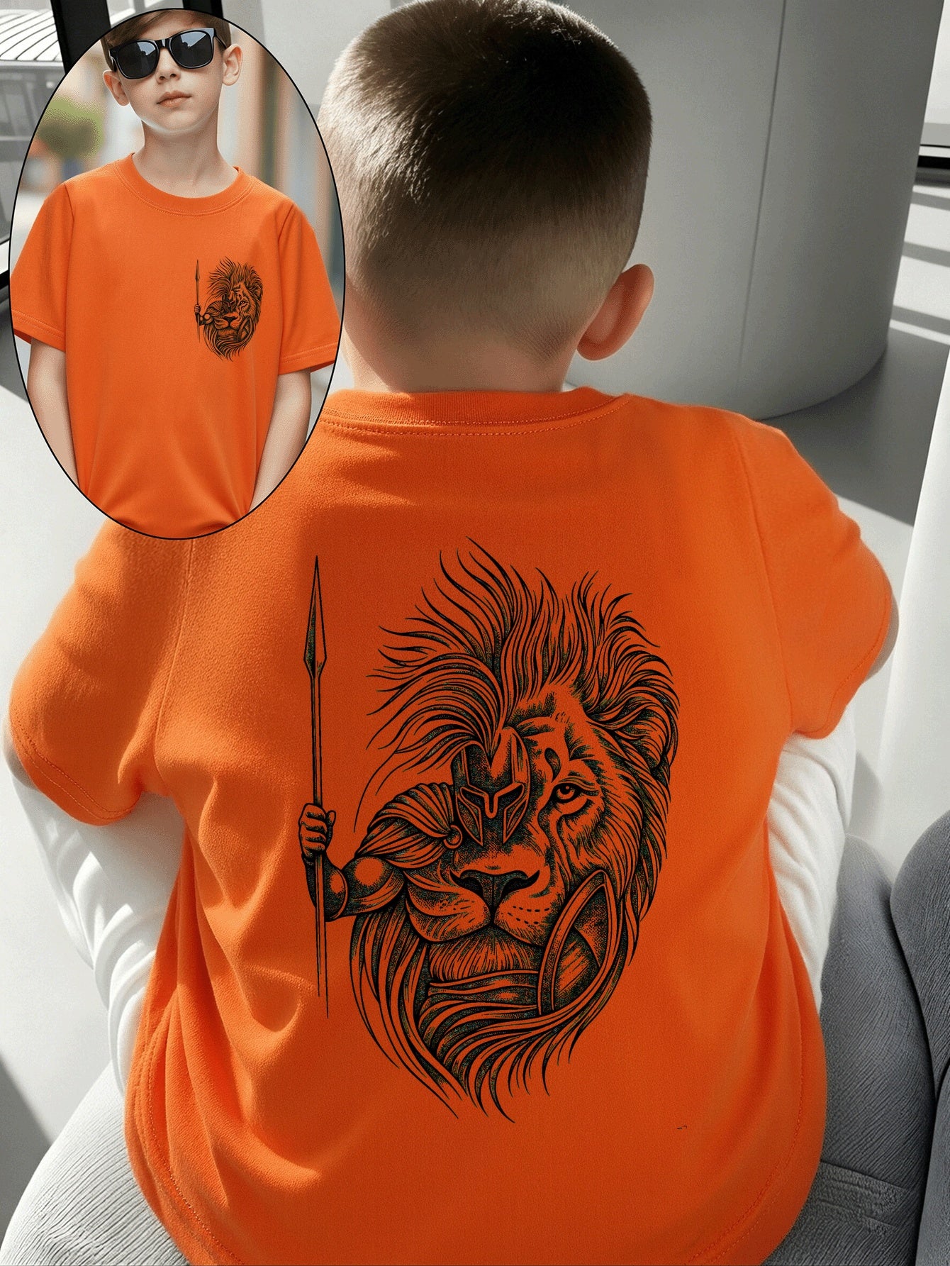 Boys' Cotton T-Shirt with Lion Warrior Print - Casual Summer Top