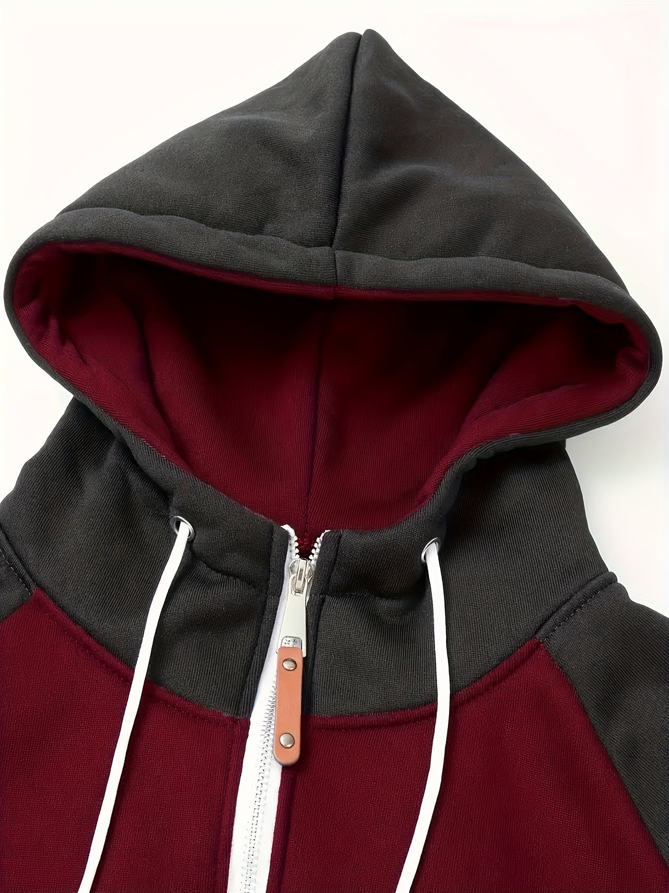 Men'S Stylish Color Block Hoodie - Casual Zip-Up Hooded Sweatshirt with Front Pockets, Long Sleeves, and Ribbed Cuffs - Maroon & Black Design, Comfortable for Fall and Winter Wear