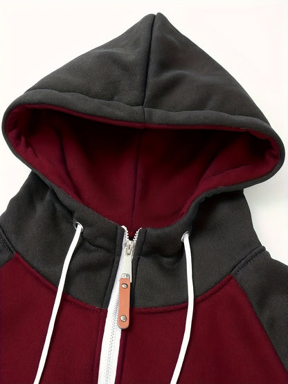 Men'S Stylish Color Block Hoodie - Casual Zip-Up Hooded Sweatshirt with Front Pockets, Long Sleeves, and Ribbed Cuffs - Maroon & Black Design, Comfortable for Fall and Winter Wear