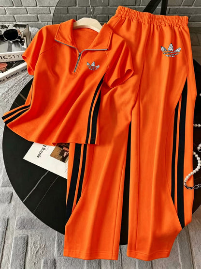Retro Polo Neck Top & Wide Leg Pants Set with Side Stripe