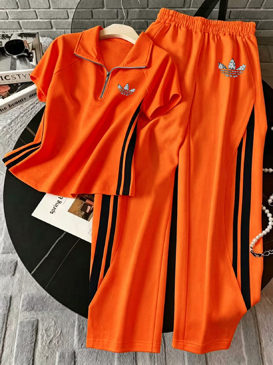 Retro Polo Neck Top & Wide Leg Pants Set with Side Stripe