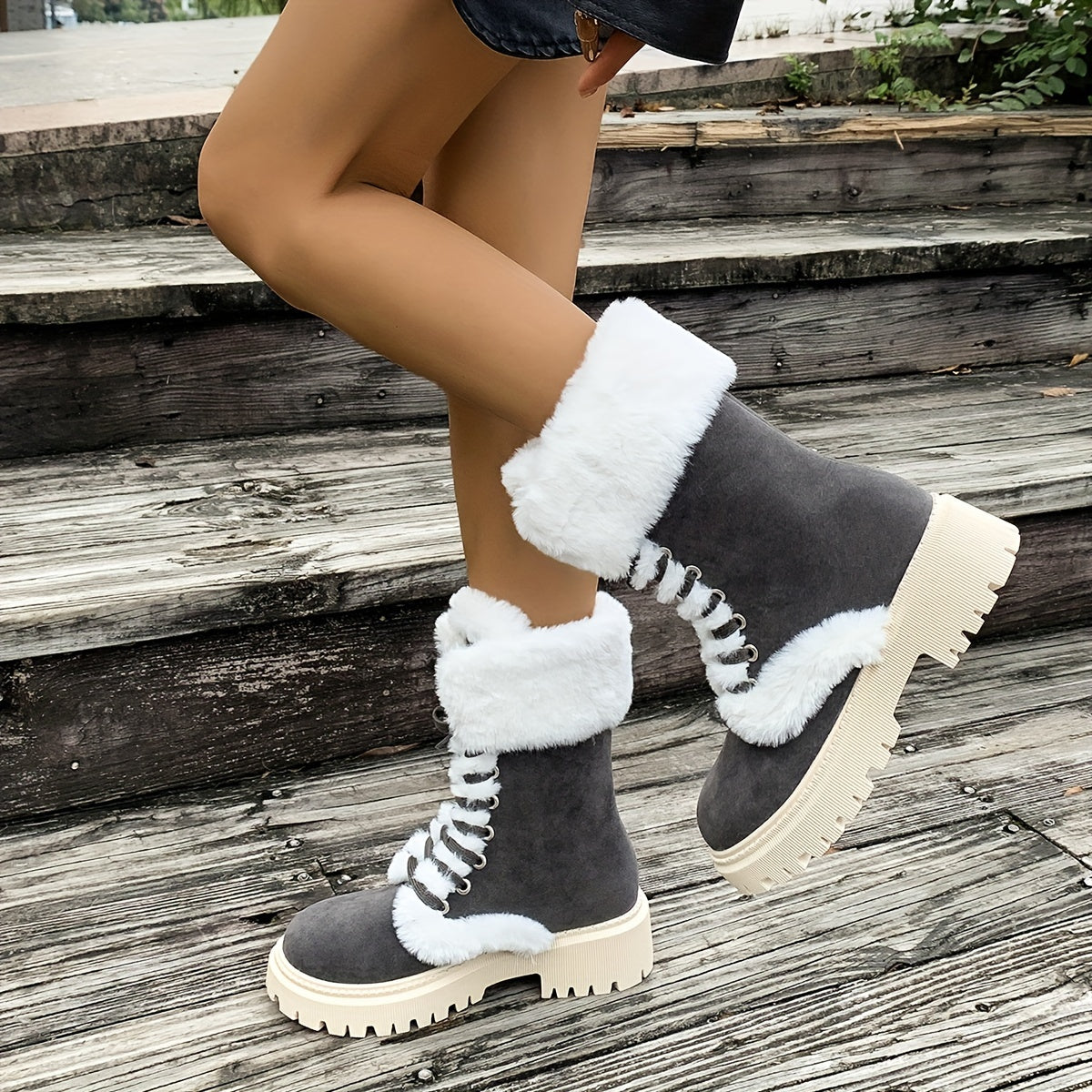 Women's Cozy Fleece-Lined Winter Boots - Mid-Calf Lace-Up with Thick Faux Fur Trim, Round Toe & Chunky Heel in Brown or Black, Perfect for Cold Weather Comfort, Winter Boots