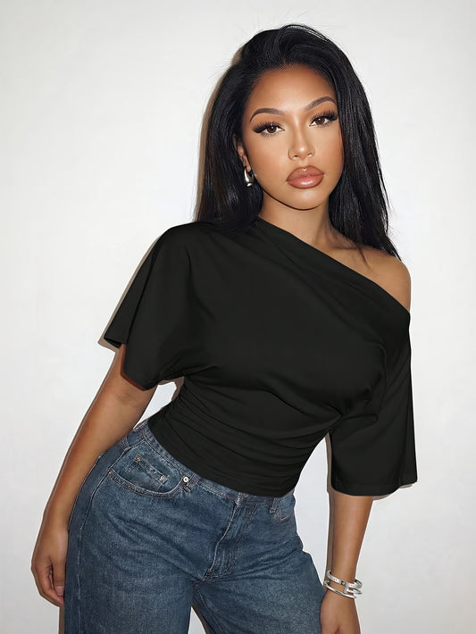 Elegant Off-Shoulder White T-Shirt Top with Pleated Waist