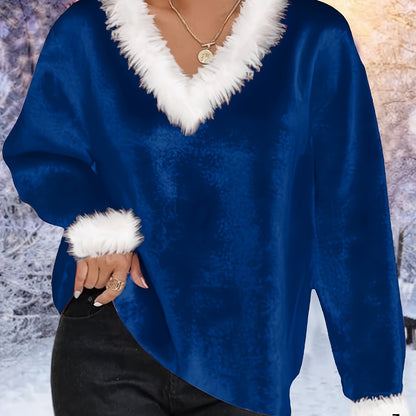 Plus Size - Plus Size - Plus Size, Women'S Elegant Plus Size Christmas Sweater - Long Sleeve Round Neck Winter Warmth with Collar Trim, Stretchy Fabric for Holiday Parties & Casual Attire, Red & Contrast Collar, Ladies Christ