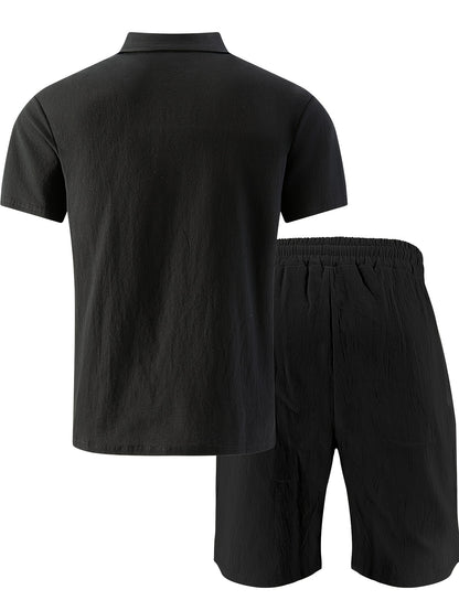 Men's Casual Linen Polo Shirt & Loose Shorts Set for Summer