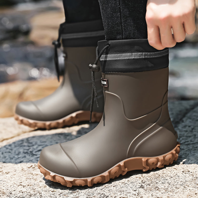 Men's Waterproof PU Rain Boots with Fleece Lining, Mid-Calf