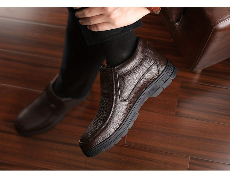 Genuine Leather 2025 Snow Boots Shoes Top Layer Cowhide Men's Boots Winter New Fashion Versatile Litchi Pattern Soft Leather Thick Sole Warm Shoes -Lined Work Boots Inner Filling with Cold Resistant Warmth, Warmth Locking Pow