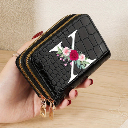 Minimalist Women'S Short Wallet Featuring a Double Zipper Design, with a Crocodile A-Z Letter Pattern. This Stylish Handbag Also Serves As a Fashionable Coin Wallet, Perfect for Travel, Back-To-School, Or Parties.