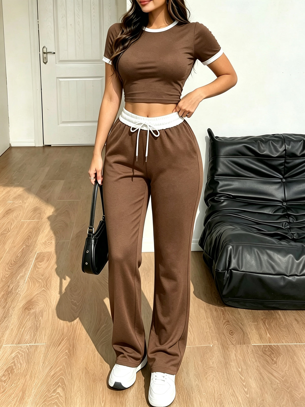Women's Casual 2-Piece Set: Color-Block T-Shirt & Wide-Leg Pants - ayq