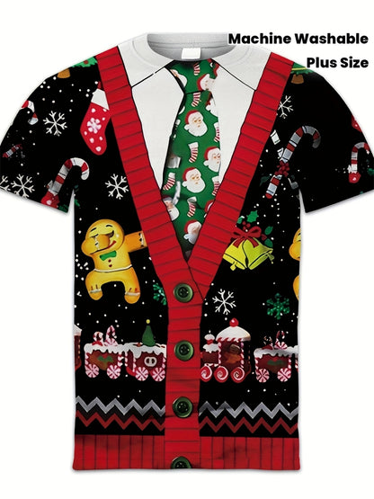 Men's Large 3D Christmas Sweater T-Shirt - Short Sleeve Round Neck with Santa, Snowman, Gingerbread & Candy Cane Print - Ugly Sweater Party Outfit, Holiday Celebration Costume (Vibrant Colors, Machine Washable), PLUS SIZE