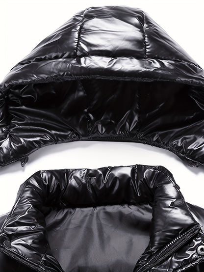 Men's Black Glossy Finish Jacket with Hood - Winter Coat, Zippered Pockets, Ribbed Cuffs & Waistband, Hand Wash Only, Regular Fit for Autumn & Cold Weather