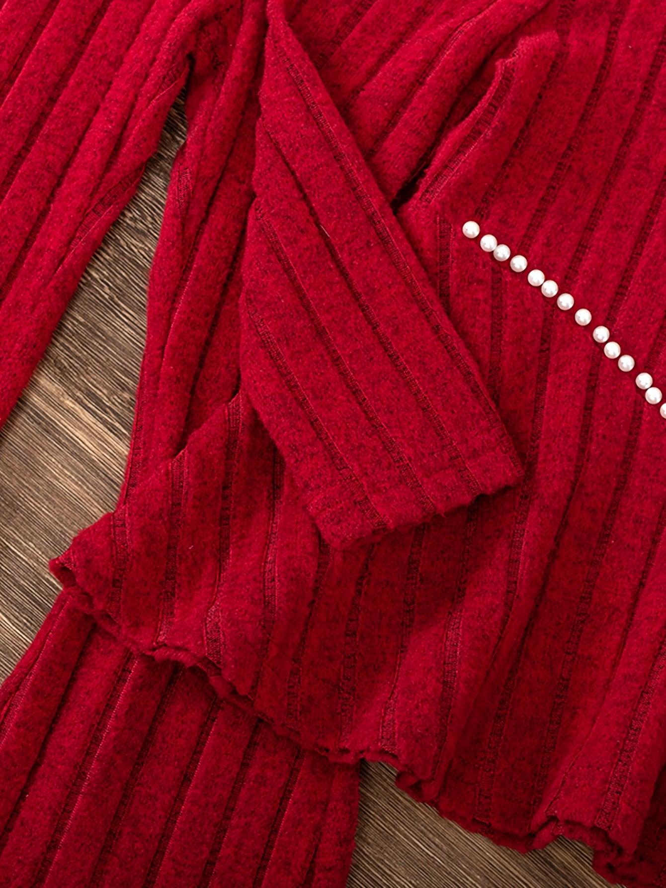 Young Girl Fashion Casual Solid Color Striped Beaded Pleated Shoulder Long Sleeve Round Neck V-Neck Mid-Rise Pullover with Matching Elastic Waist Flared Pants for, for Outdoor