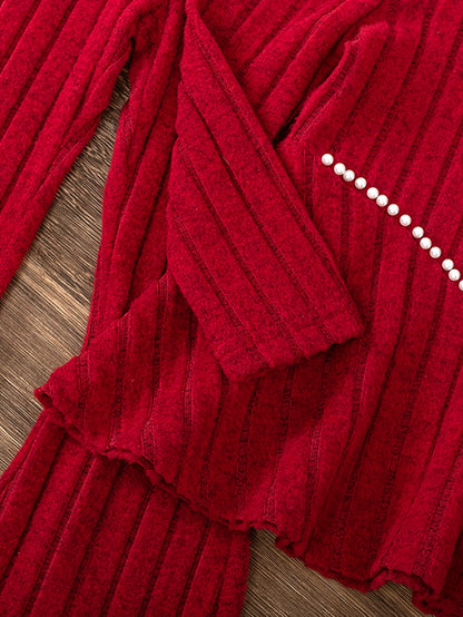 Young Girl Fashion Casual Solid Color Striped Beaded Pleated Shoulder Long Sleeve Round Neck V-Neck Mid-Rise Pullover with Matching Elastic Waist Flared Pants for, for Outdoor