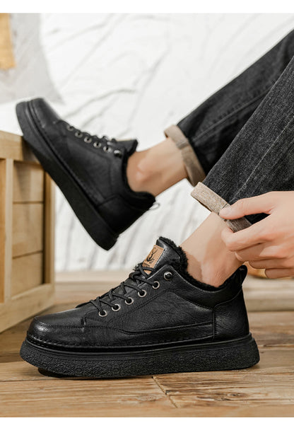 Men's Winter Warm PU -Like Hiking Sneakers with Plush -Like, EVA Cushioned Sole & Rubber Traction Tread - Low-Top Lace-Up Outdoor Shoes for Ice, Snow, Casual Wear (Black/Brown) - Cold Weather