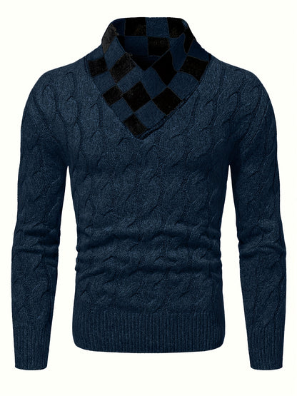 Maqiqiobm Slim Fit Men's Pullover Sweater - 1pc Autumn/Winter Thickened New Style, Comfortable Warm Solid Color Twist Knit Long Sleeve, Checkerboard Collar Design, Business Casual Daily Layering Knit Top, Suitable for Autumn